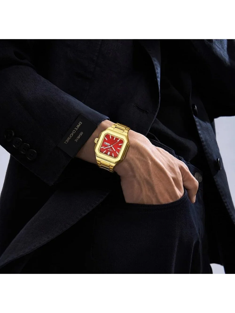 Men's Gold Red Square Analog Quartz Stainless Steel  Waterproof Wrist Watch